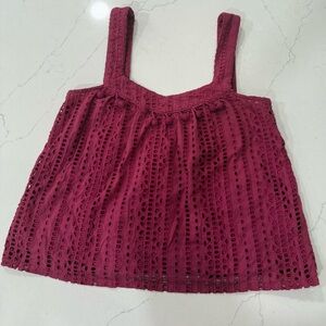 Sundance Tank Top Womens Red Maroon Cotton Eyelet Pom Pom Cottage Boho -Small